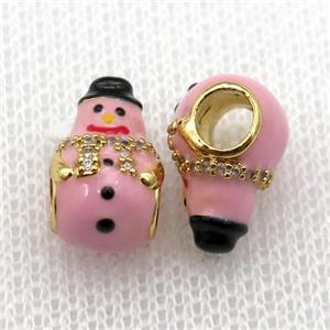 copper Christmas Snowman beads with pink enamel, large hole, gold plated, approx 9-14mm, 4mm hole