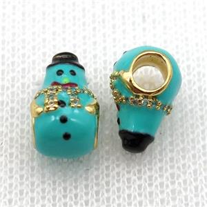 copper Christmas Snowman beads with green enamel, large hole, gold plated, approx 9-14mm, 4mm hole