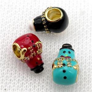 copper Christmas Snowman beads with enamel, large hole, gold plated, mixed, approx 9-14mm, 4mm hole