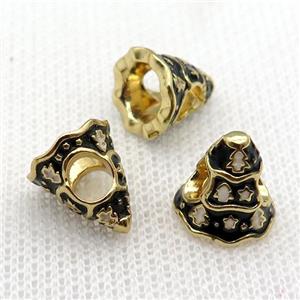 copper Christmas Tree beads with black enamel, large hole, gold plated, approx 11mm, 4mm hole