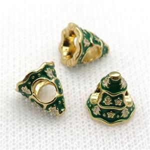copper Christmas Tree beads with green enamel, large hole, gold plated, approx 11mm, 4mm hole