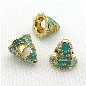 copper Christmas Tree beads with teal enamel, large hole, gold plated, approx 11mm, 4mm hole