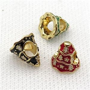 copper Christmas Tree beads with enamel, large hole, gold plated, mixed, approx 11mm, 4mm hole