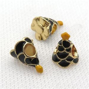 copper Christmas Tree beads with black enamel, large hole, gold plated, approx 10-13mm, 4mm hole