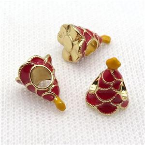 copper Christmas Tree beads with red enamel, large hole, gold plated, approx 10-13mm, 4mm hole