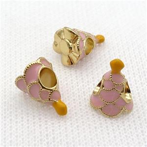 copper Christmas Tree beads with pink enamel, large hole, gold plated, approx 10-13mm, 4mm hole