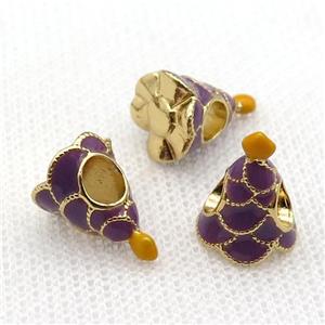 copper Christmas Tree beads with purple enamel, large hole, gold plated, approx 10-13mm, 4mm hole