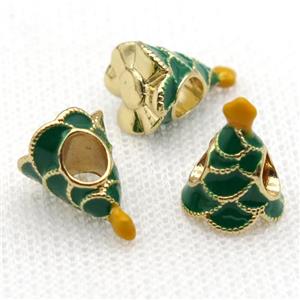copper Christmas Tree beads with green enamel, large hole, gold plated, approx 10-13mm, 4mm hole