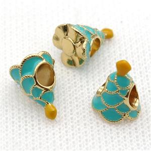 copper Christmas Tree beads with teal enamel, large hole, gold plated, approx 10-13mm, 4mm hole