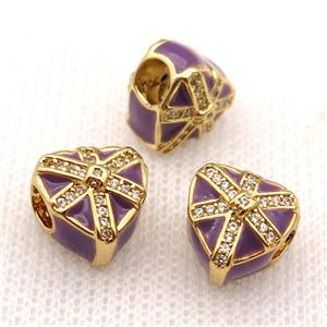 copper Christmas Heart Gift beads with purple enamel, large hole, gold plated, approx 11mm, 4mm hole