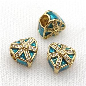 copper Christmas Heart Gift beads with teal enamel, large hole, gold plated, approx 11mm, 4mm hole