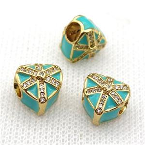 copper Christmas Heart Gift beads with teal enamel, large hole, gold plated, approx 11mm, 4mm hole