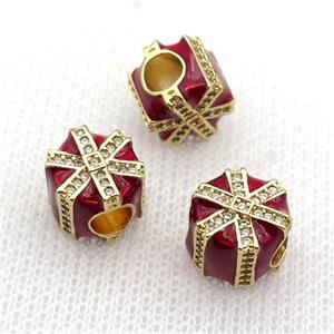 copper Christmas Candy Gift Box beads with red enamel, large hole, gold plated, approx 10mm, 4mm hole