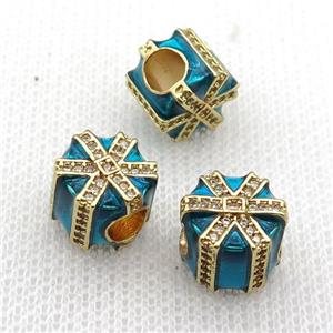 copper Christmas Candy Gift Box beads with teal enamel, large hole, gold plated, approx 10mm, 4mm hole