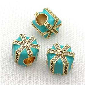 copper Christmas Candy Gift Box beads with teal enamel, large hole, gold plated, approx 10mm, 4mm hole