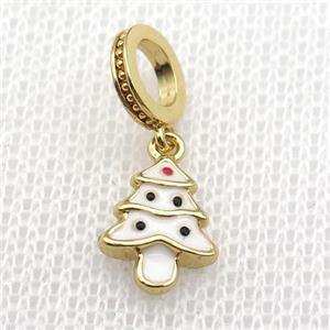 copper Christmas Tree pendant with white enamel, large hole, gold plated, approx 8-10mm, 8mm, 5mm hole