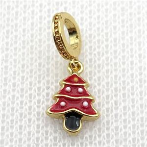 copper Christmas Tree pendant with red enamel, large hole, gold plated, approx 8-10mm, 8mm, 5mm hole