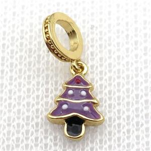 copper Christmas Tree pendant with purple enamel, large hole, gold plated, approx 8-10mm, 8mm, 5mm hole