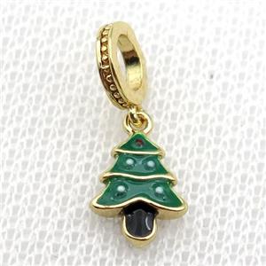 copper Christmas Tree pendant with green enamel, large hole, gold plated, approx 8-10mm, 8mm, 5mm hole