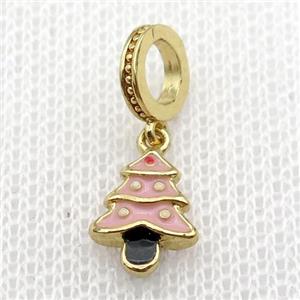 copper Christmas Tree pendant with pink enamel, large hole, gold plated, approx 8-10mm, 8mm, 5mm hole
