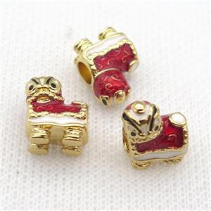 copper Christmas Owl beads with red enamel, large hole, gold plated, approx 11-14mm, 5mm hole