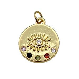 copper Circle pendant paved zircon, eye, gold plated, approx 15mm dia