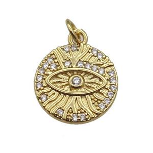copper Circle pendant paved zircon, eye, gold plated, approx 15mm dia