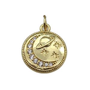 copper Circle pendant paved zircon, moon, gold plated, approx 15mm dia