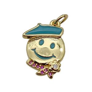 copper Emoji pendant with teal enamel, gold plated, approx 12-17mm