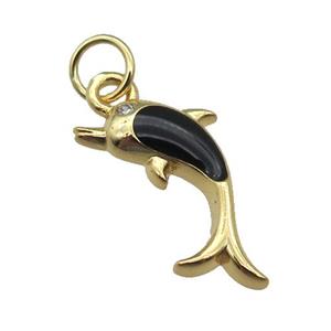 copper Dolphin pendant with black enamel, gold plated, approx 6-16mm