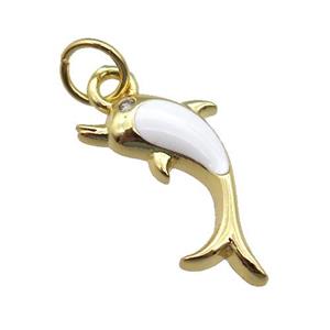 copper Dolphin pendant with white enamel, gold plated, approx 6-16mm