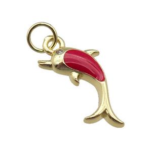 copper Dolphin pendant with red enamel, gold plated, approx 6-16mm