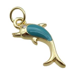 copper Dolphin pendant with teal enamel, gold plated, approx 6-16mm