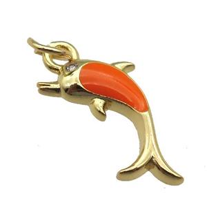copper Dolphin pendant with orange enamel, gold plated, approx 6-16mm