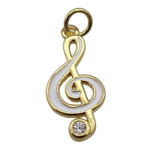 copper Treble Clef Musical Note pendant with white enamel, gold plated, approx 9-19mm