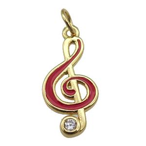 copper Treble Clef Musical Note pendant with red enamel, gold plated, approx 9-19mm