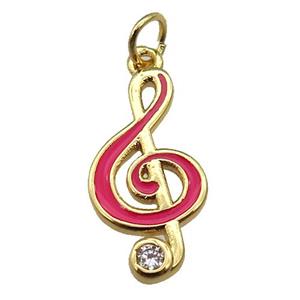 copper Treble Clef Musical Note pendant with hotpink enamel, gold plated, approx 9-19mm