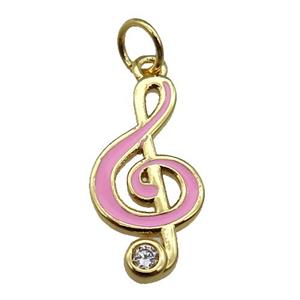 copper Treble Clef Musical Note pendant with pink enamel, gold plated, approx 9-19mm