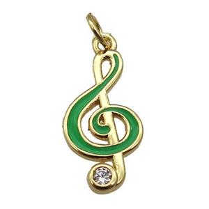 copper Treble Clef Musical Note pendant with green enamel, gold plated, approx 9-19mm