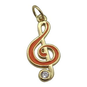 copper Treble Clef Musical Note pendant with orange enamel, gold plated, approx 9-19mm