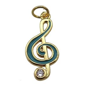 copper Treble Clef Musical Note pendant with teal enamel, gold plated, approx 9-19mm