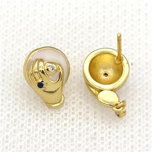 copper hand Stud Earring with white enamel, gold plated, approx 8-13mm