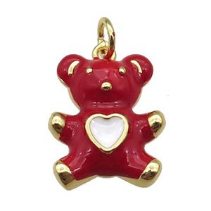 copper Bear pendant with red enamel, gold plated, approx 13-16mm