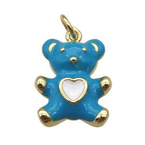 copper Bear pendant with teal enamel, gold plated, approx 13-16mm