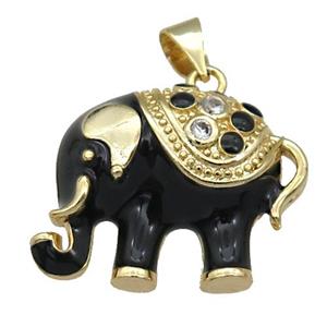 copper Elephant pendant with black enamel, gold plated, approx 17-21mm