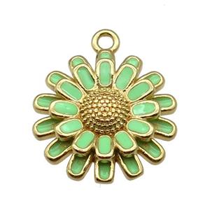 copper Sunflower pendant with green enamel, gold plated, approx 17mm dia