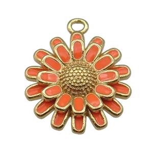 copper Sunflower pendant with orange enamel, gold plated, approx 17mm dia