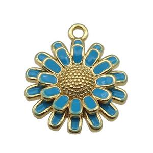 copper Sunflower pendant with blue enamel, gold plated, approx 17mm dia