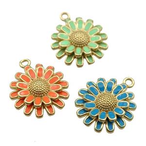 copper Sunflower pendant with enamel, gold plated, mixed, approx 17mm dia