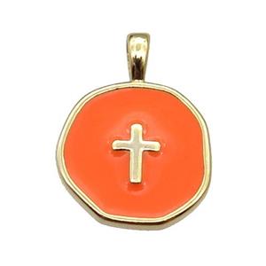 copper Circle pendant with orange enamel, cross, gold plated, approx 14mm